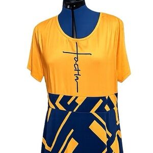 Faith Cross Graphic Colorblock Maxi Dress – Orange & Navy Geometric – Flowy